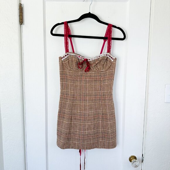 With‎ Jean | Ryder Mini Corset Lace-up Dress in Plaid Brown Check Small - Picture 5 of 10